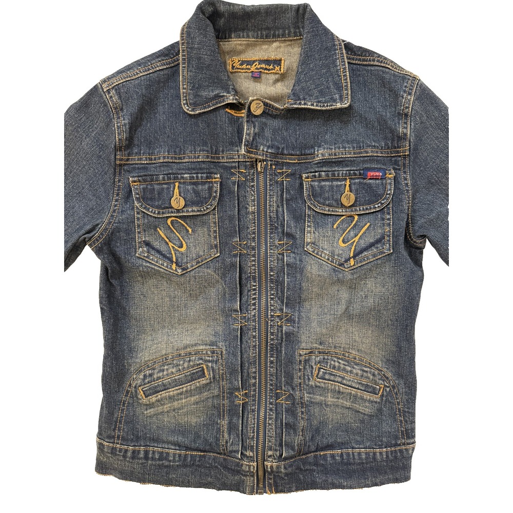 Y2K Denim Jacket Womens M Embroidered Faded Vintage Americana Streetwear